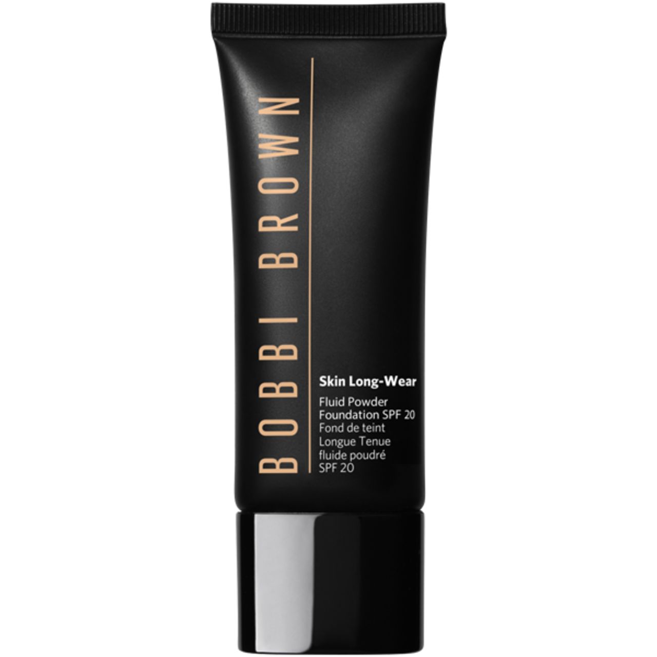 Schwarze Tube mit Produkt. Aufschrift: BOBBI BROWN, Skin Long-Wear Fluid Powder Foundation SPF 20. Schwarzer Deckel.