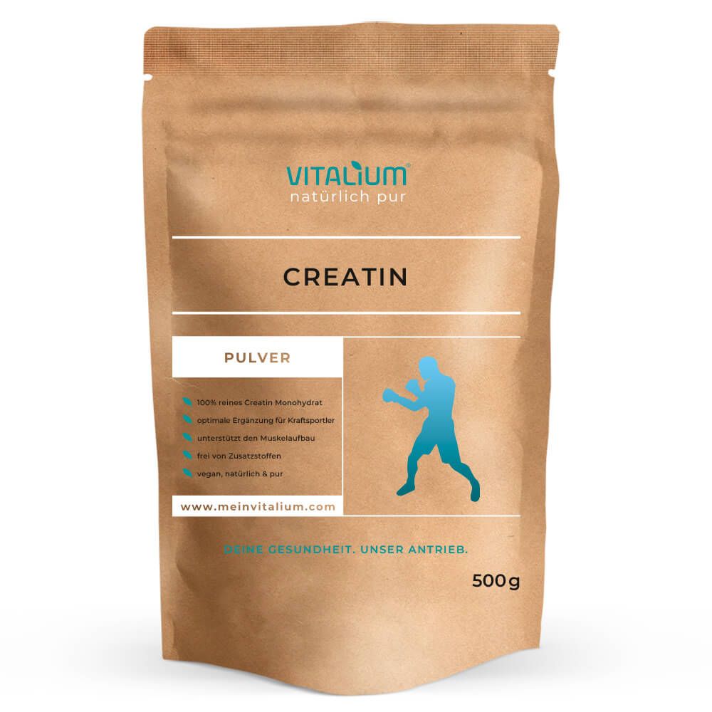 Braune Tüte mit weißem Etikett. Aufschrift: meinVitalium, Creatin Pulver. Abbildung eines Boxers. 500g.