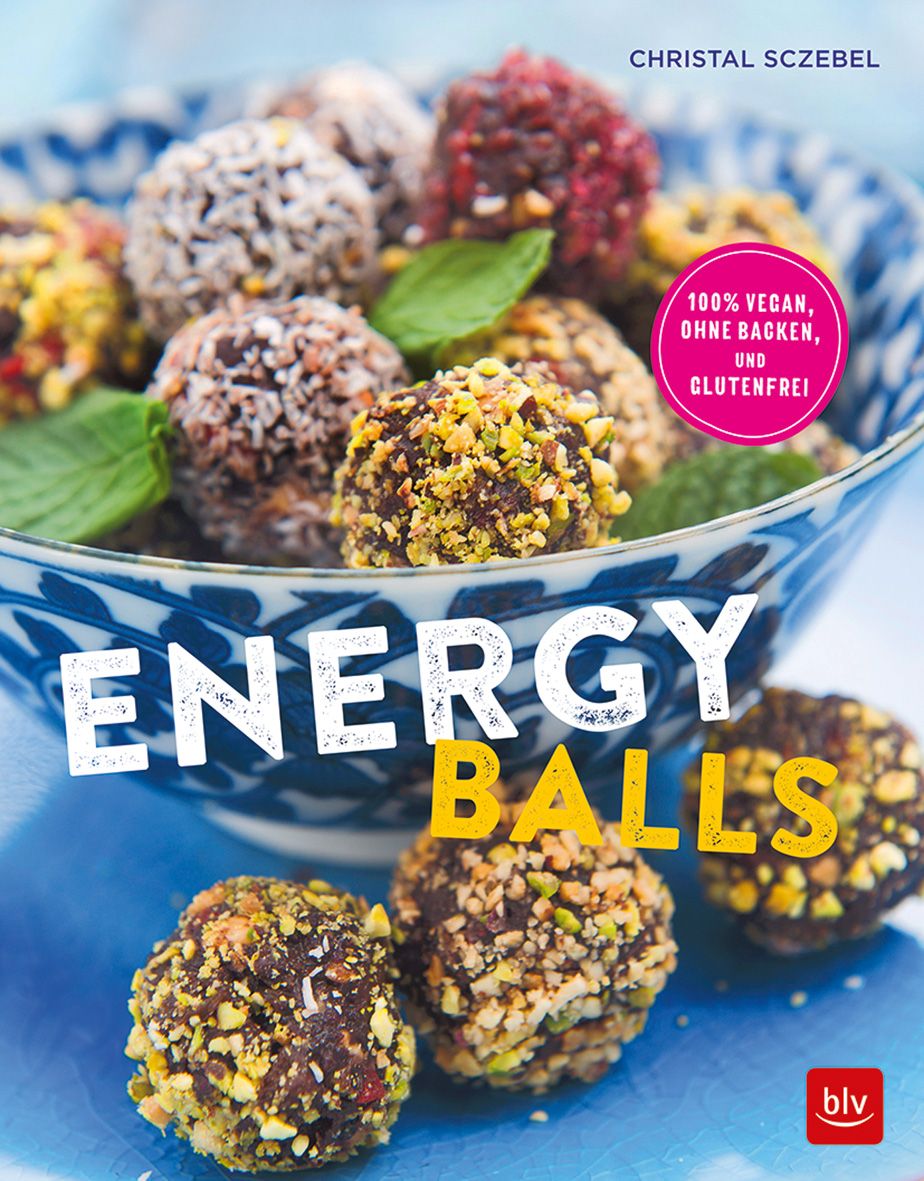 Buchcover mit Energy Balls. Verschiedene Kugeln in Schale. Titel: Energy Balls. Autor: Christal Szcebel. Vegan, ohne Backen, glutenfrei.
