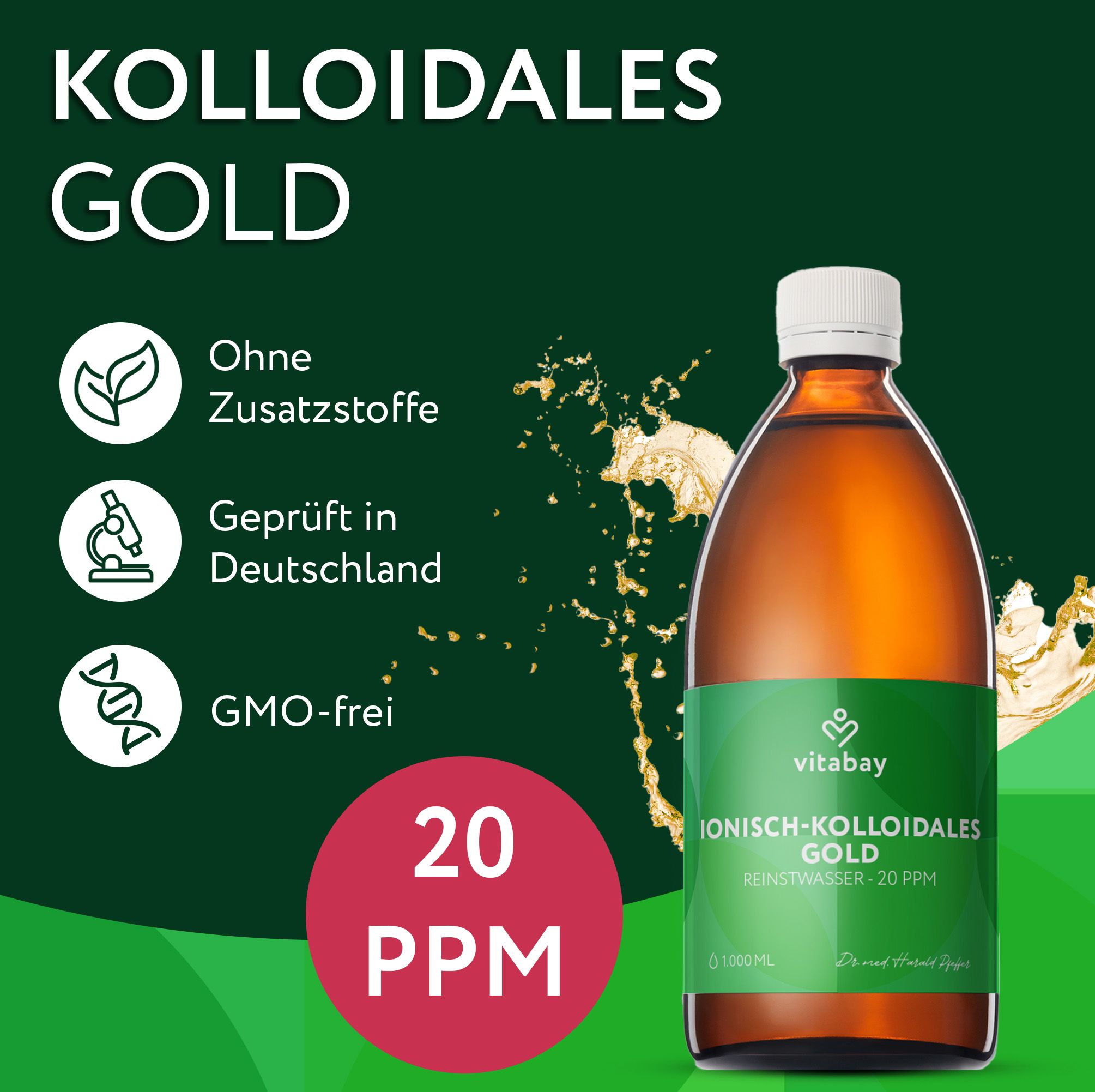 Flasche mit Flüssigkeit. Vitabay Logo. Etikett: Ionisch-kolloidales Gold, 20 PPM, 1000 ml. Ohne Zusatzstoffe, geprüft in Deutschland, GMO-frei.