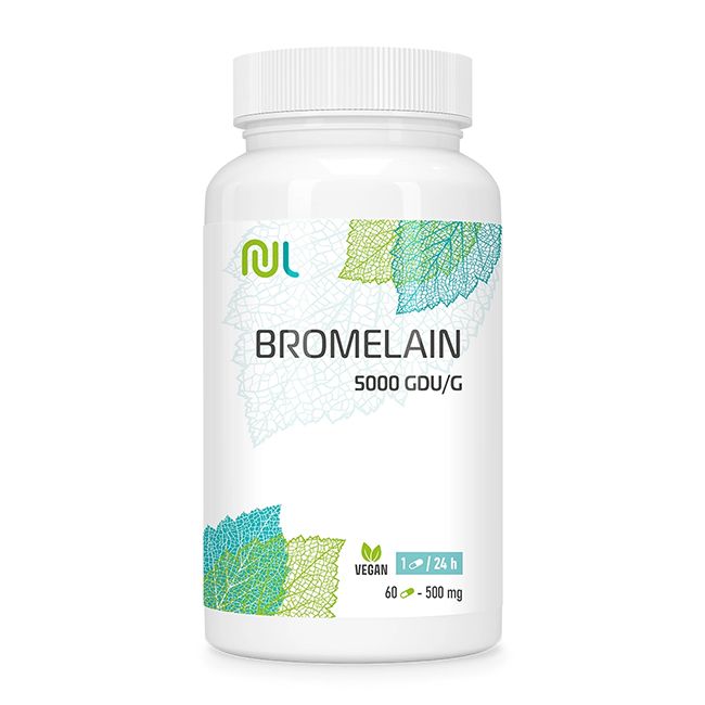 Weiße Flasche mit "Bromelain"-Aufschrift und grünen Blättern. Enthält 60 Kapseln. Vegan.