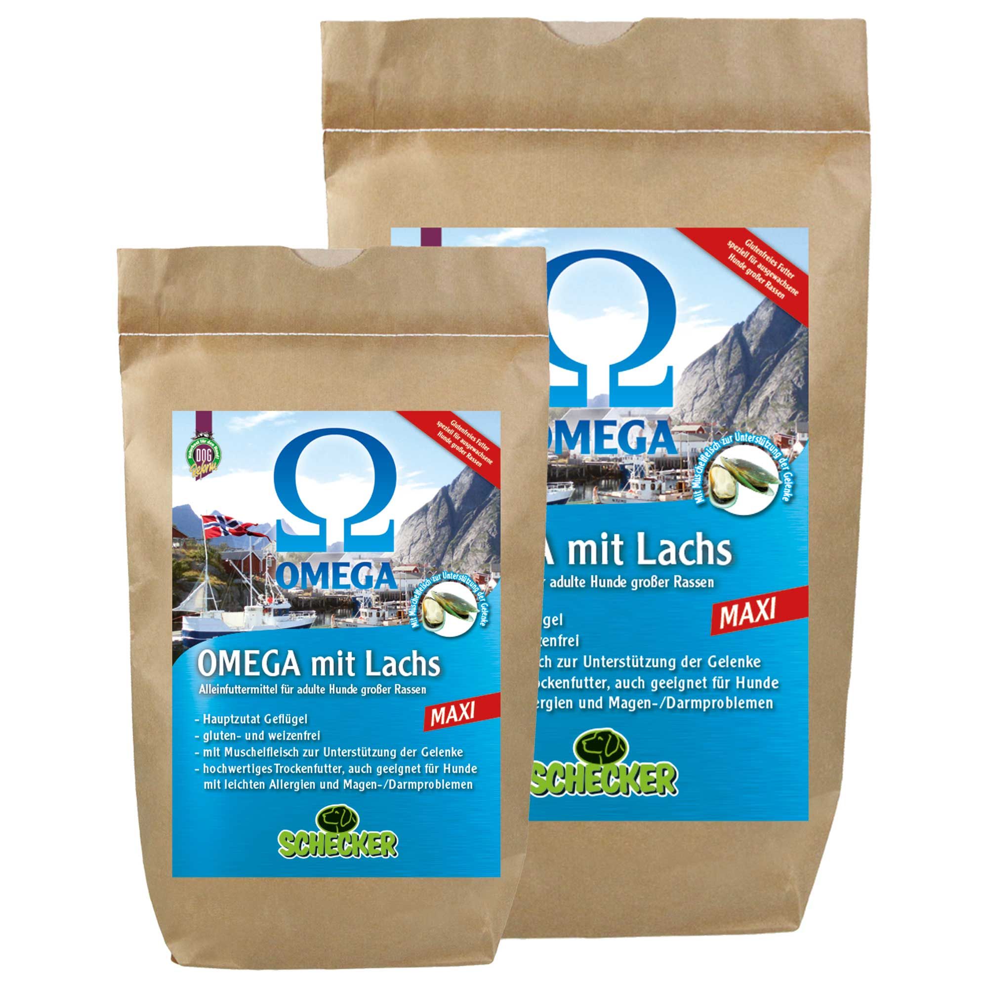 Zwei Beutel Trockenfutter mit Omega-Logo und Lachs-Aufdruck. MAXI-Version. Braune Papierverpackung.