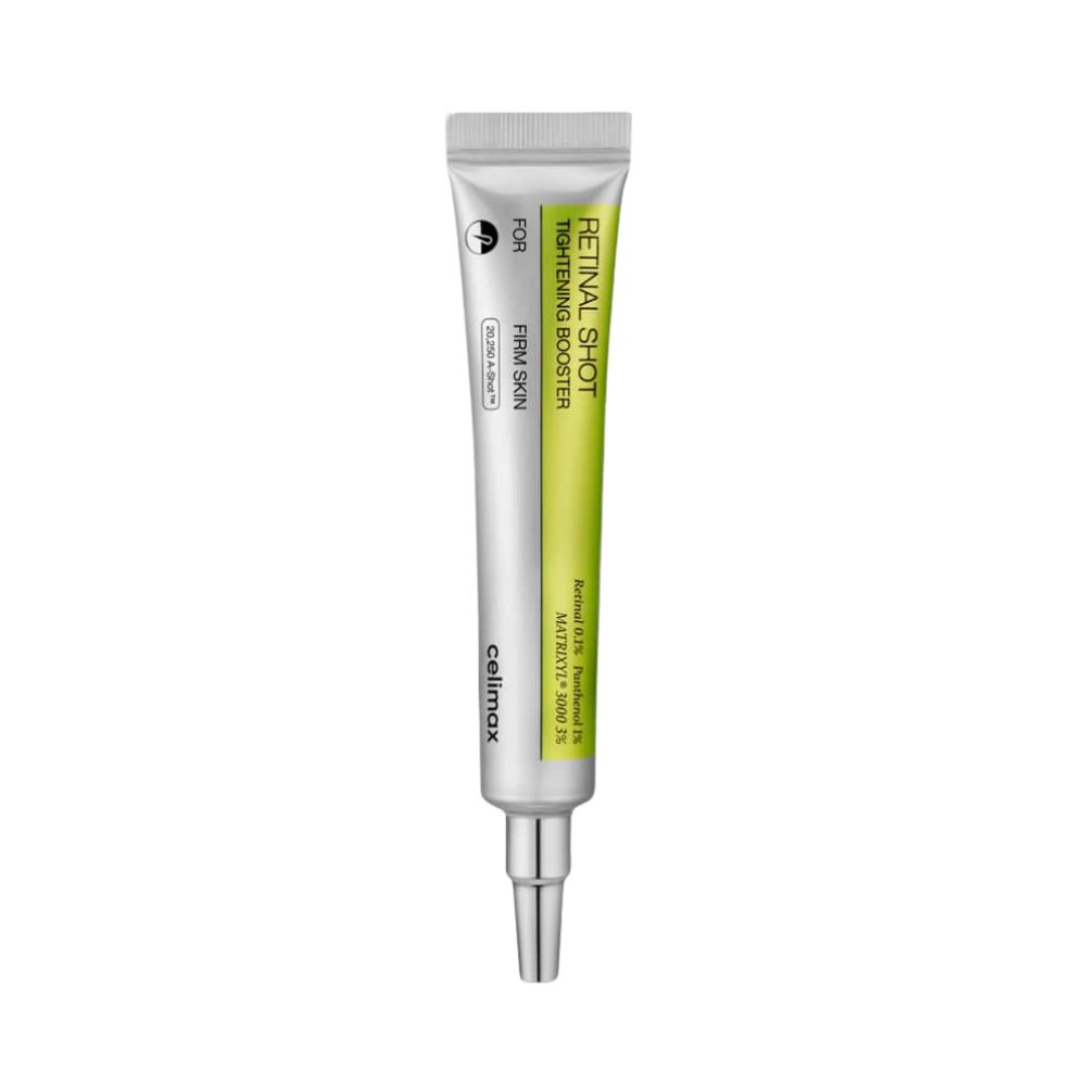 Silberne Tube mit grünem Aufdruck. Text: Retinal Shot Tightening Booster, Celimax. Für straffere Haut.