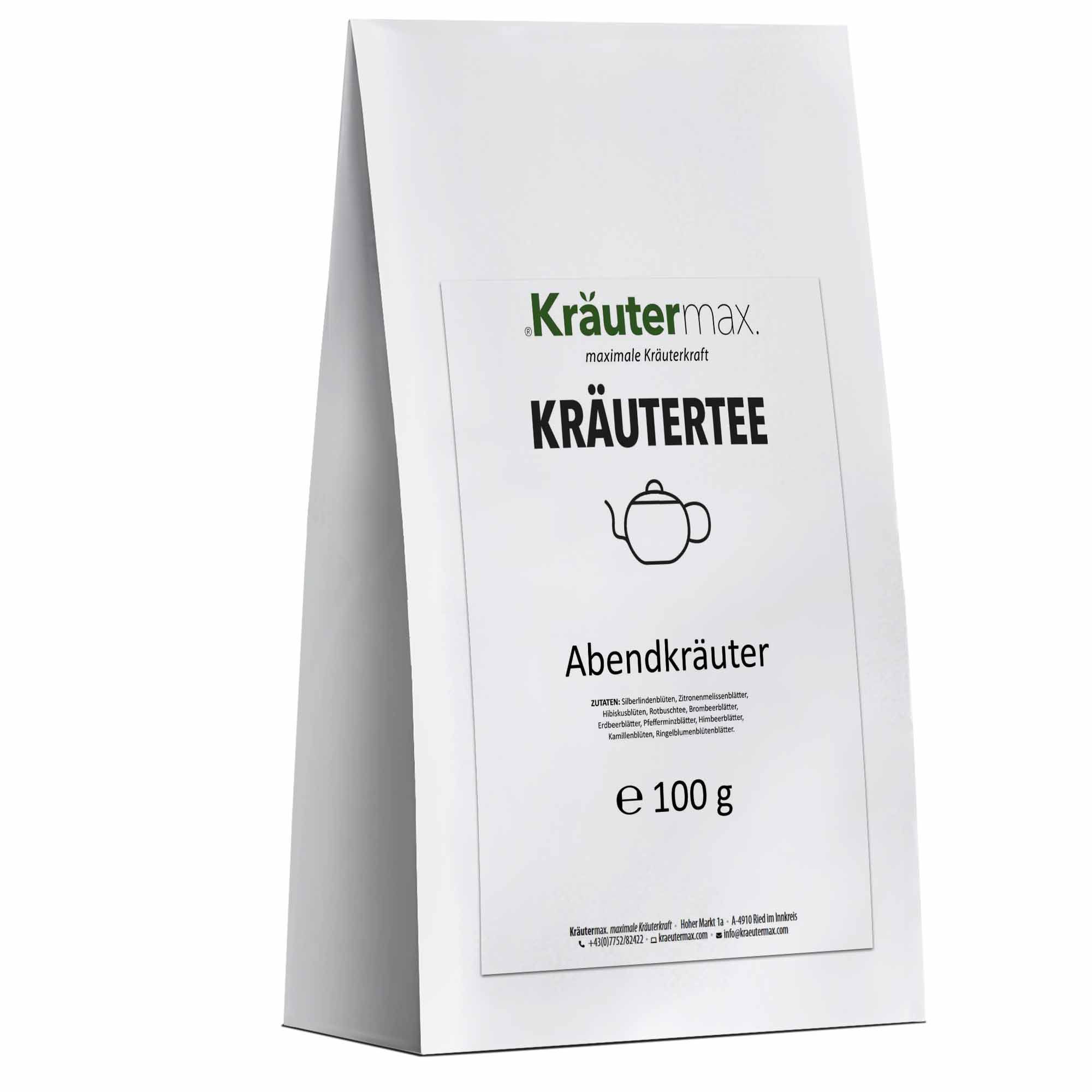 Weiße Verpackung mit Kräutertee-Etikett. Aufschrift: Kräutermax, Kräutertee, Abendkräuter, Teekanne-Symbol, 100 g.