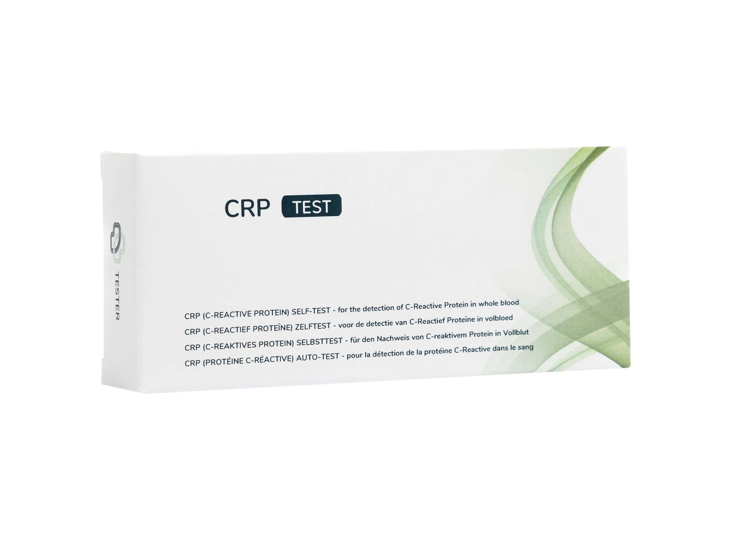 Verpackung des CRP Schnelltests mit mehrsprachigen Produktinformationen.