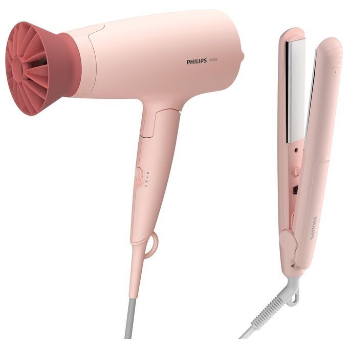Il set Philips Serie 3000 BHP398/00 per lo styling dei capelli include un asciugacapelli e una piastra. Entrambi i dispositivi sono di colore rosa chiaro. L'asciugacapelli ha un accessorio rosa e la piastra ha piastre riscaldanti argentate.