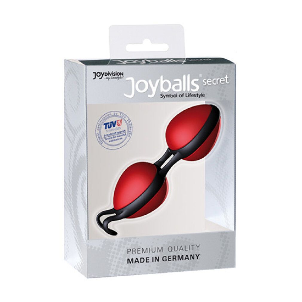 Joyballs secret, rote Kugeln mit schwarzem Verbindungsstück. TÜV-Zertifizierung. Produkt ohne Verpackung.