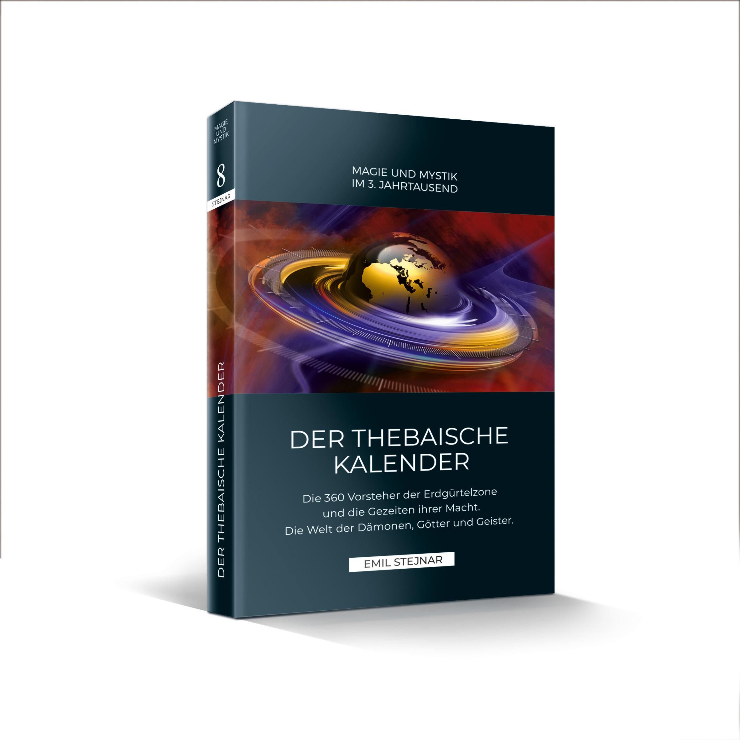Buch "Der Thebaische Kalender". Titel und Autor sichtbar. Cover mit Weltkugel-Grafik und Text.