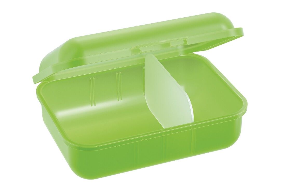 Offene grüne Lunchbox mit Deckel und Trennwand. Rechteckige Form. Innenraum mit Trenner für Lebensmittel.