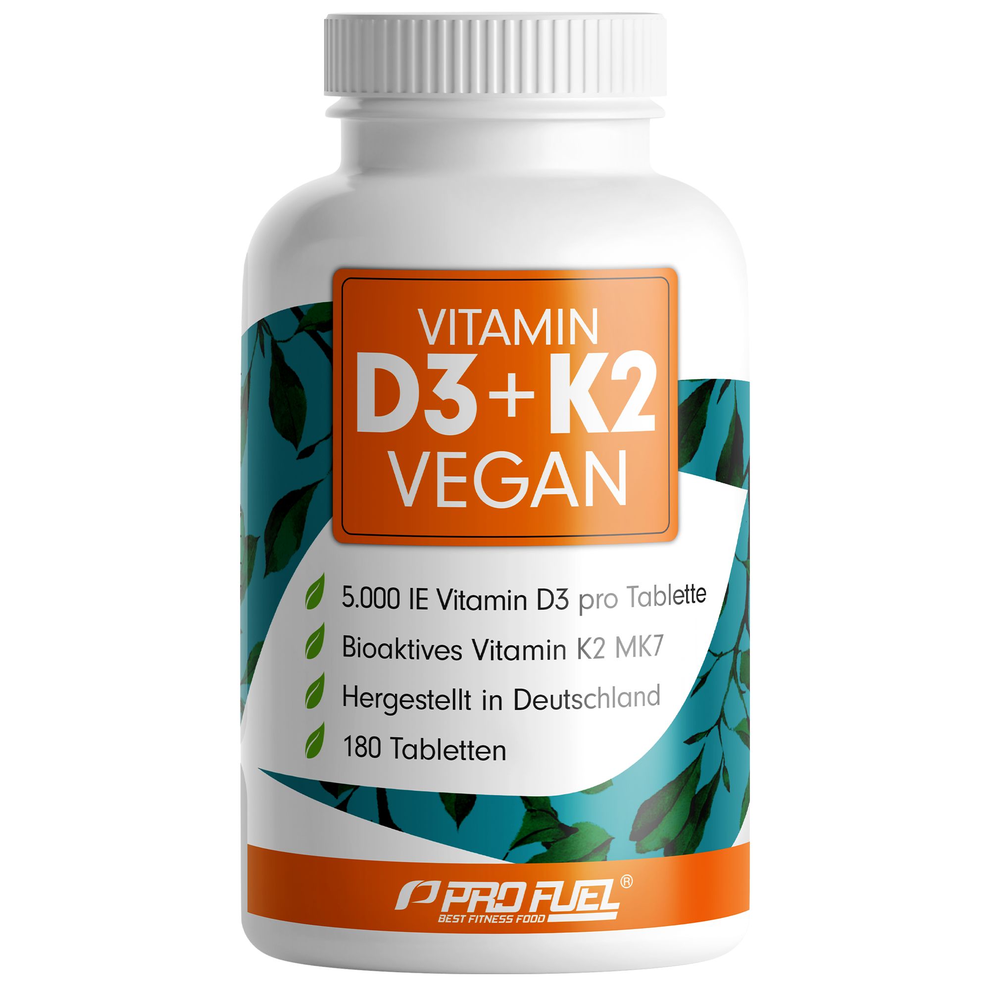 Weiße Flasche mit orangefarbenem Etikett. Aufschrift: Vitamin D3 + K2 Vegan. Enthält 180 Tabletten. ProFuel Logo.