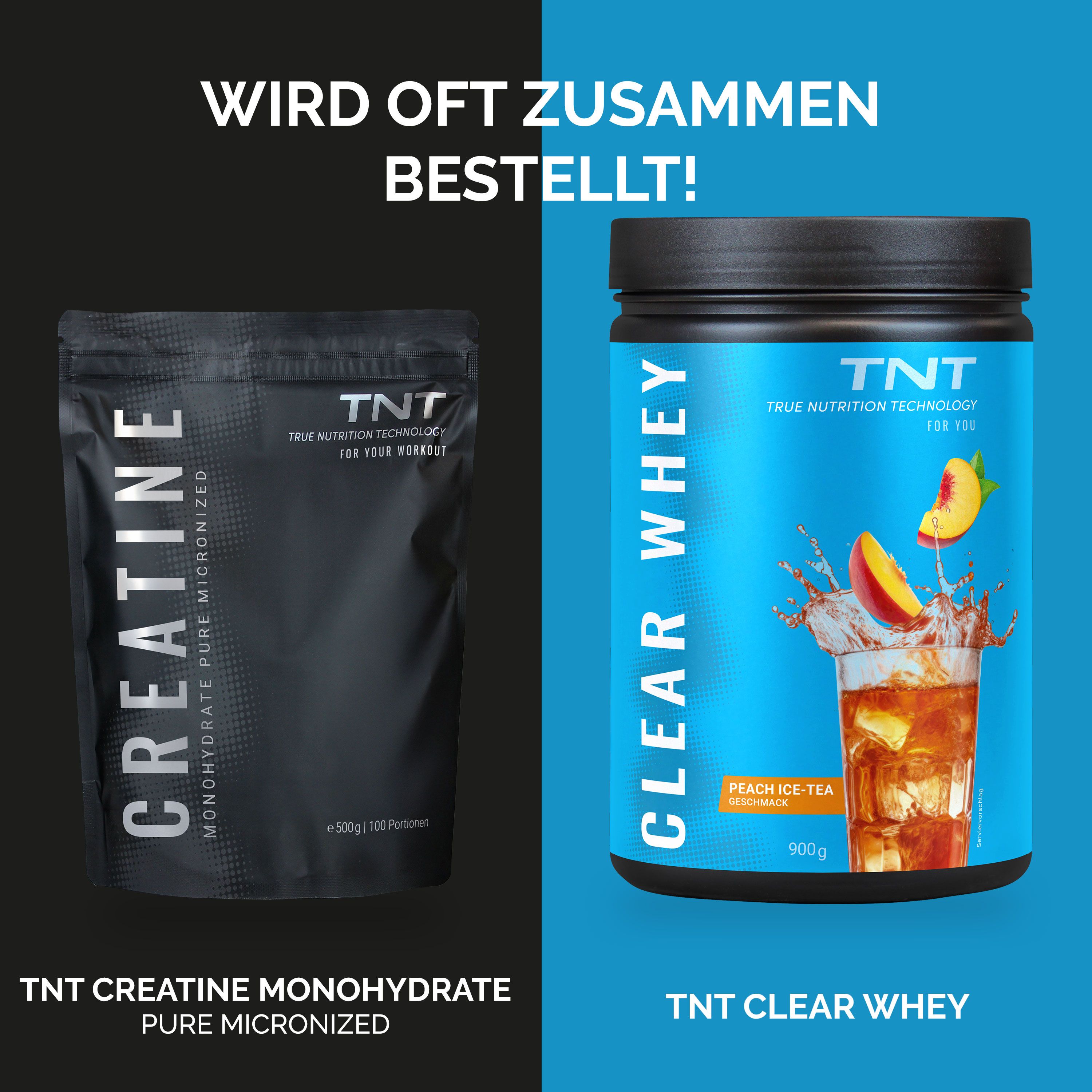 Verpackung "TNT Creatine" und "TNT Clear Whey". Beide Produkte werden oft zusammen bestellt.