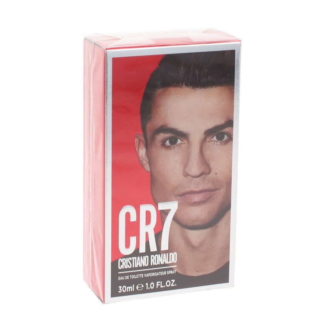 Verpackung von CR7 Edt Spray. Rote Box mit Cristiano Ronaldo-Porträt und CR7-Logo. Text: Eau de Toilette Vaporisateur Spray.