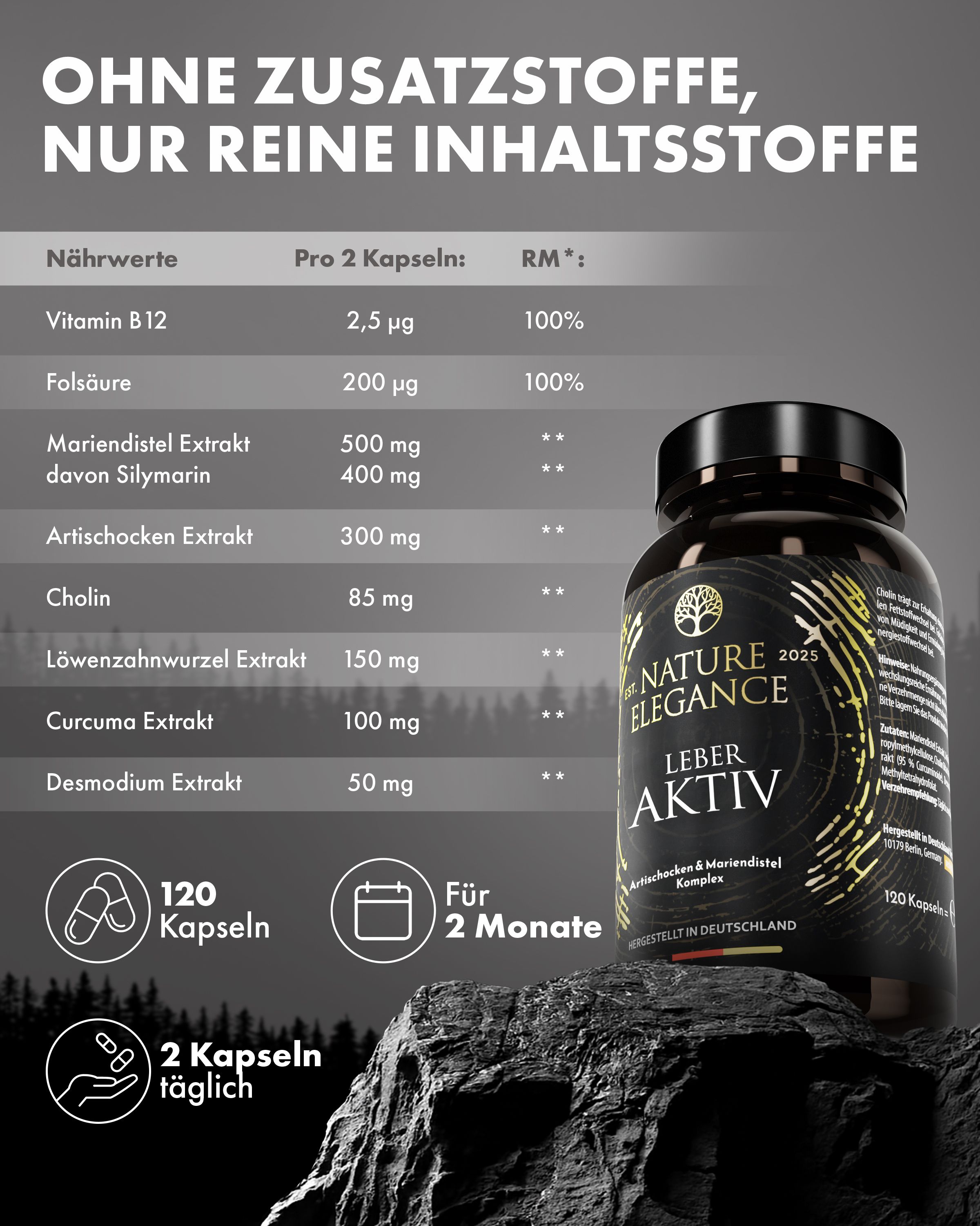 Flasche mit Nährwerttabelle. Aufschrift: NATURE ELEGANCE LEBER AKTIV. 120 Kapseln. 2 Kapseln täglich. Ohne Zusatzstoffe, nur reine Inhaltsstoffe.