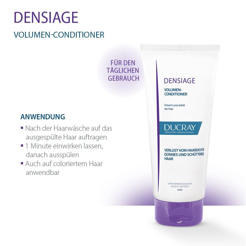 Weiße Tube mit lila Verschluss. Aufschrift: DUCRAY DENSIAGE Volumen-Conditioner. Text: Verlust von Haardichte, dünnes und schütteres Haar. Für den täglichen Gebrauch.