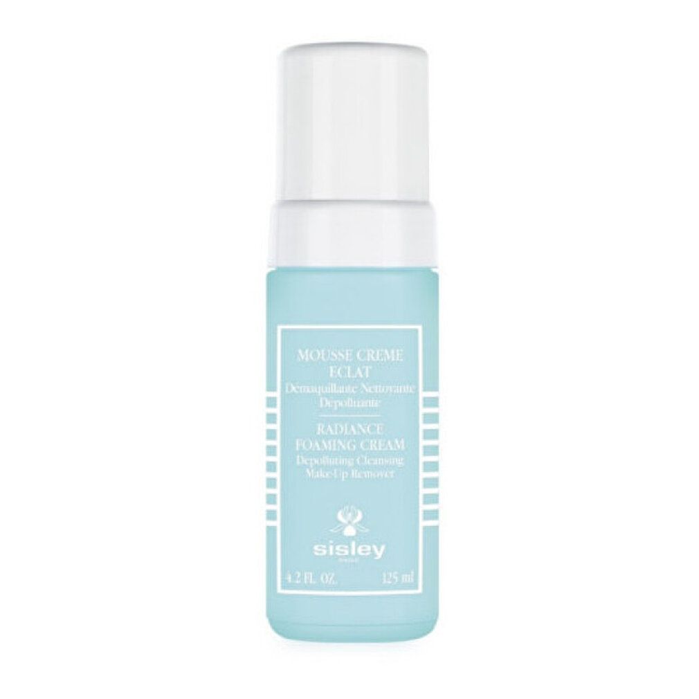 Sisley Mousse Crème Eclat. Türkisgrüne Flasche mit weißem Deckel. Text: Mousse Crème Eclat, Radiance Foaming Cream, Sisley, 125 ml.