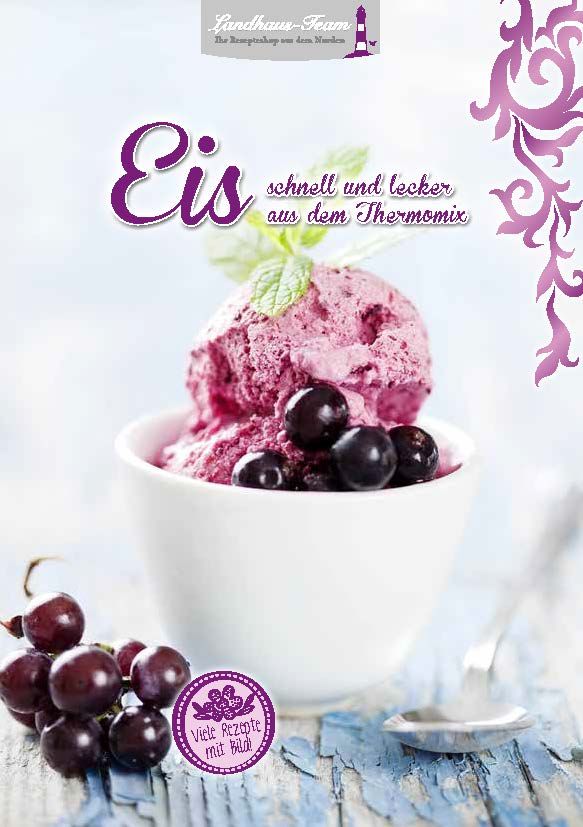 Eine Kugel Eis in einer weißen Schale, garniert mit Beeren und Minze. Text: Eis schnell und lecker aus dem Thermomix.