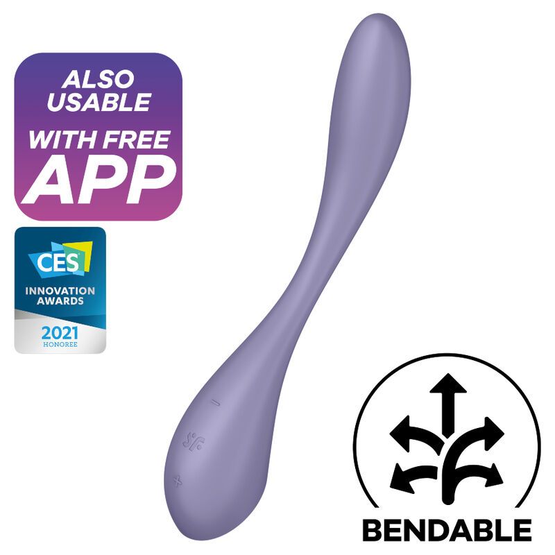 Lila Vibrator mit geschwungener Form. Glatte Oberfläche. Aufschrift: Bendable. Mit App nutzbar. CES-Auszeichnung.