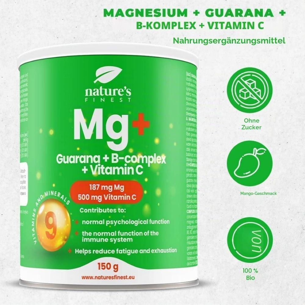 Dose Nature's Finest Mg+ mit Icons für Zuckerfreiheit, Mangogeschmack und Bio-Qualität.