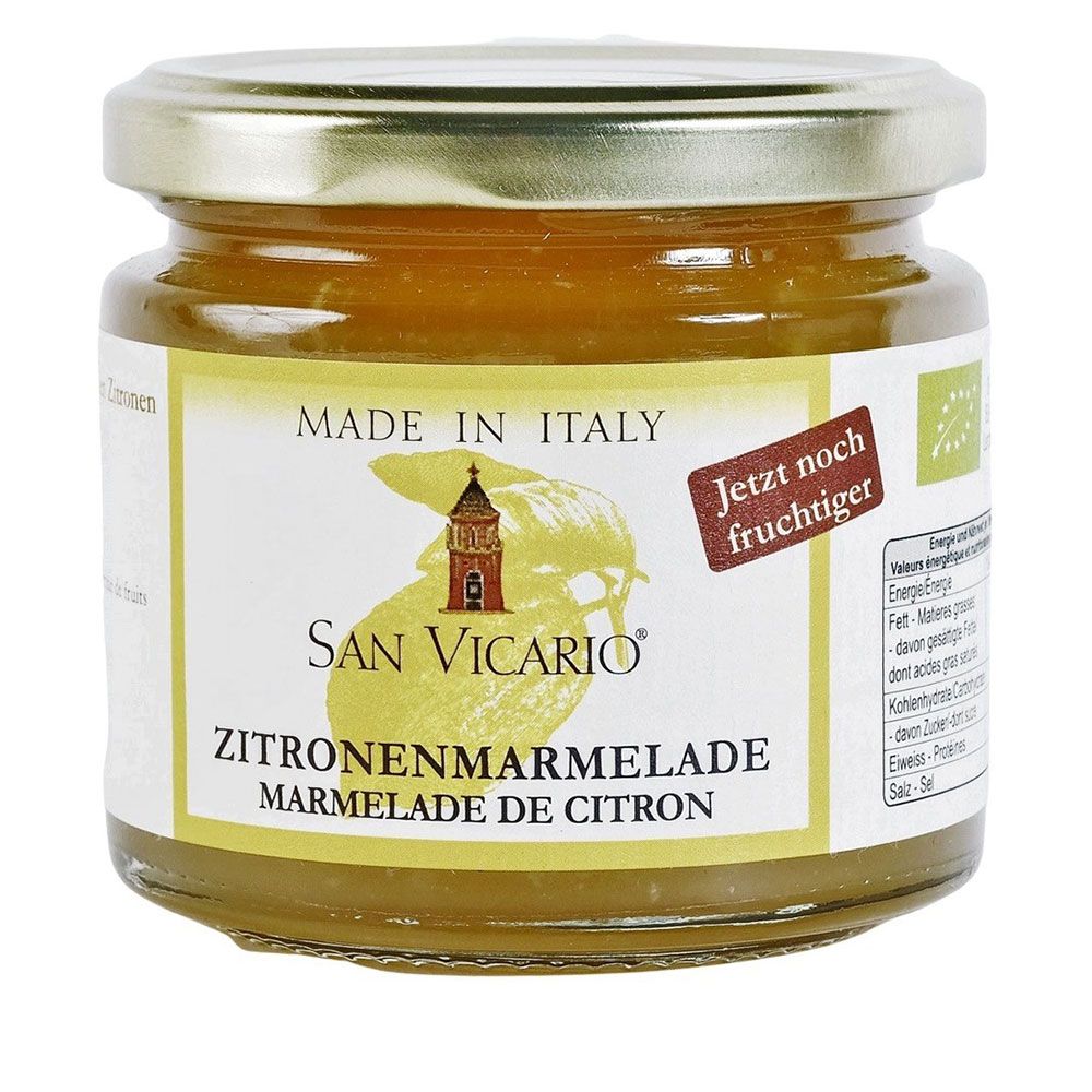 Glas San Vicario Zitronenmarmelade, goldener Deckel, Etikett, Aufschrift 'Made in Italy'.