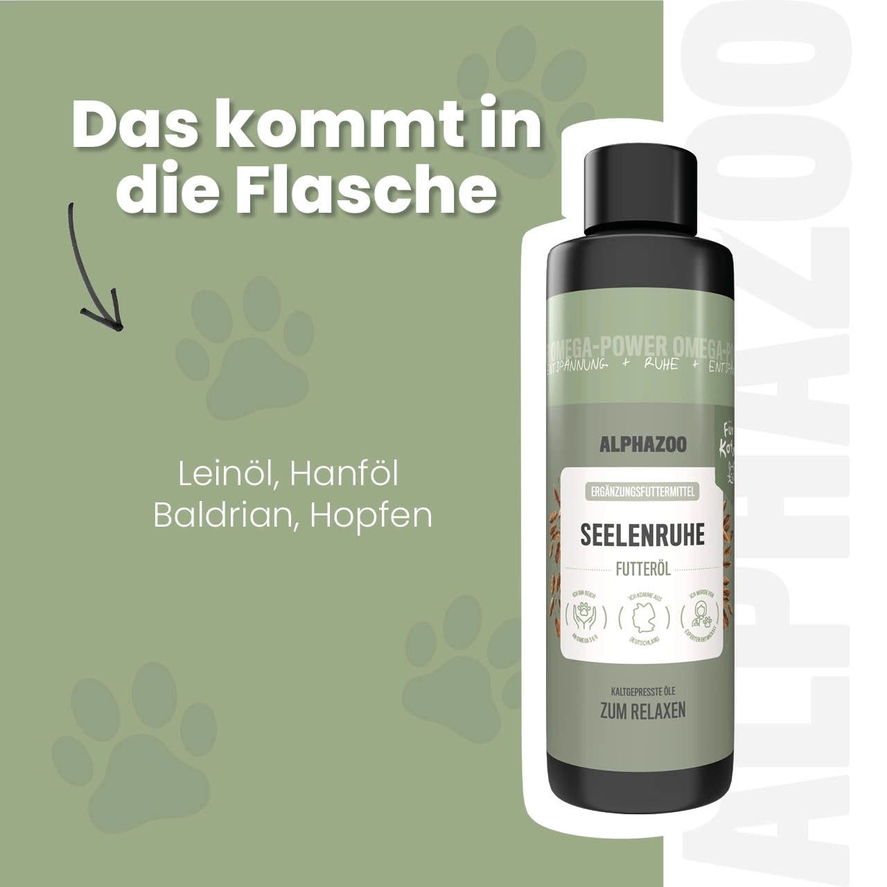 Braune Flasche mit schwarzem Deckel. Aufschrift: SEELENRUHE Futteröl. Zum Relaxen. Inhaltsstoffe: Leinöl, Hanföl, Baldrian, Hopfen.