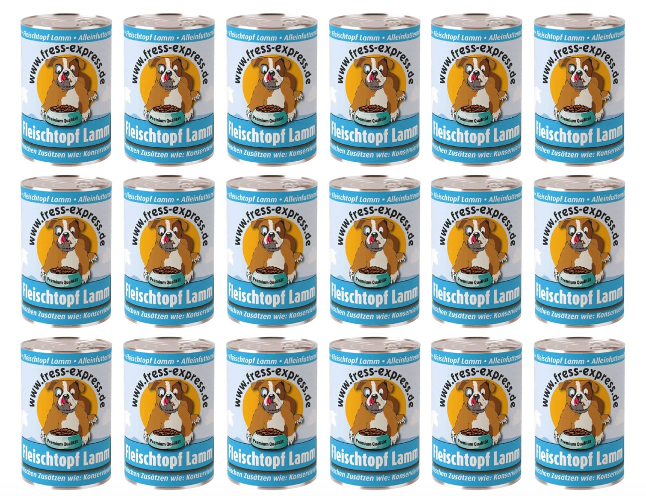 Mehrere Dosen Fress-express Fleischtopf Lamm. Auf jeder Dose ist ein Hund abgebildet, der aus einer Schüssel frisst.