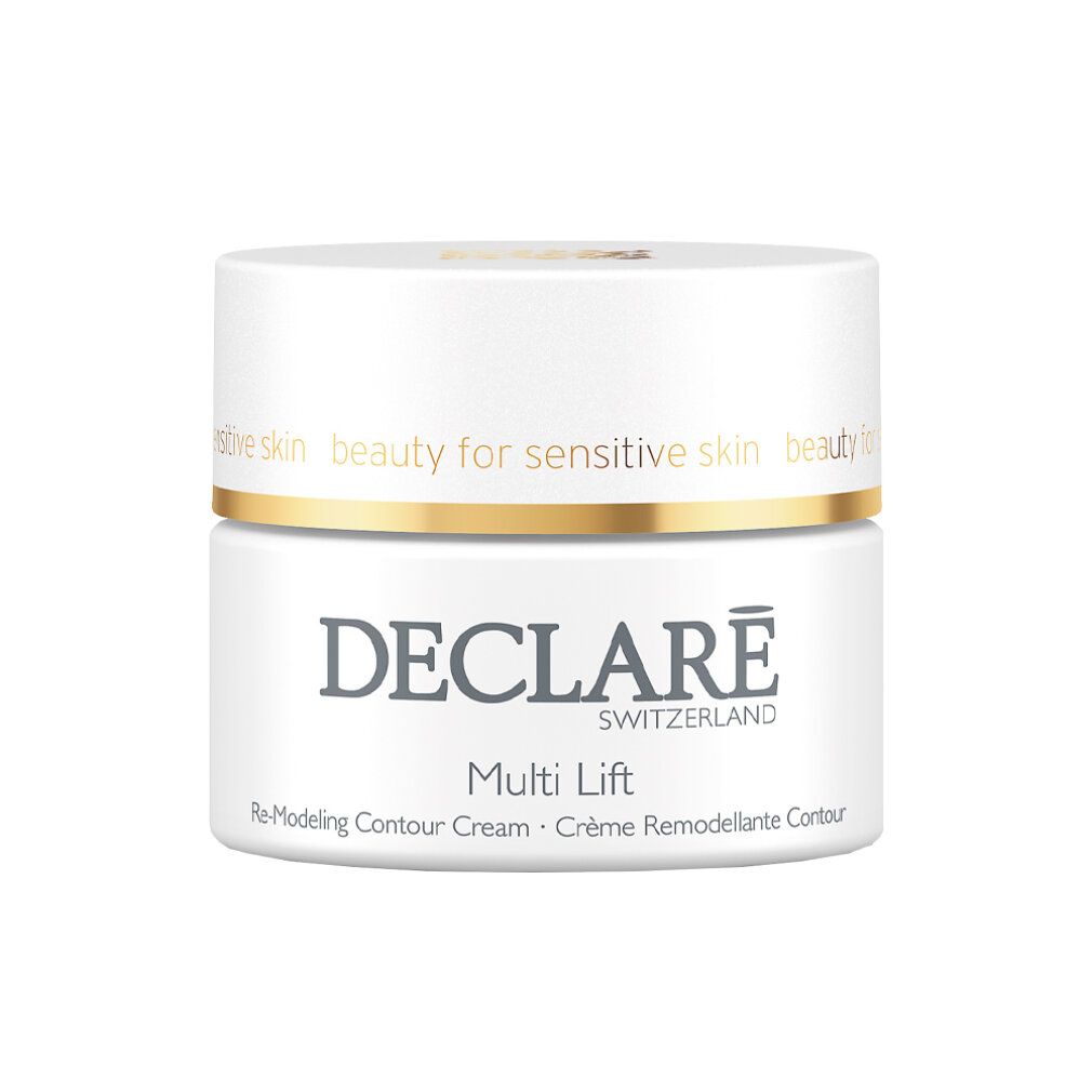 Weißer Tiegel mit goldfarbenem Rand. Aufschrift: DECLARÉ, Multi Lift, Re-Modeling Contour Cream.