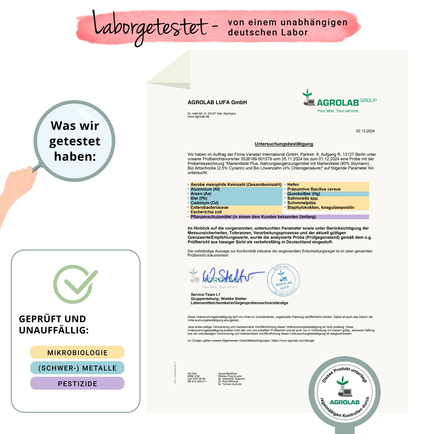 Laborzertifikat. Geprüft und unauffällig: Mikrobiologie, Schwermetalle, Pestizide. Agrolab Logo.