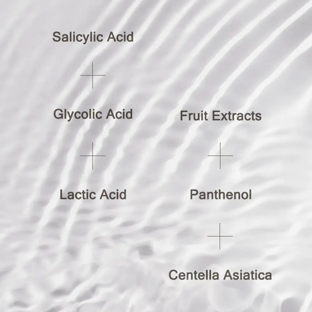 Nahaufnahme von Inhaltsstoffen: Salicylsäure, Glykolsäure, Milchsäure, Fruchtextrakte, Panthenol, Centella Asiatica. Hintergrund: Wellenmuster.
