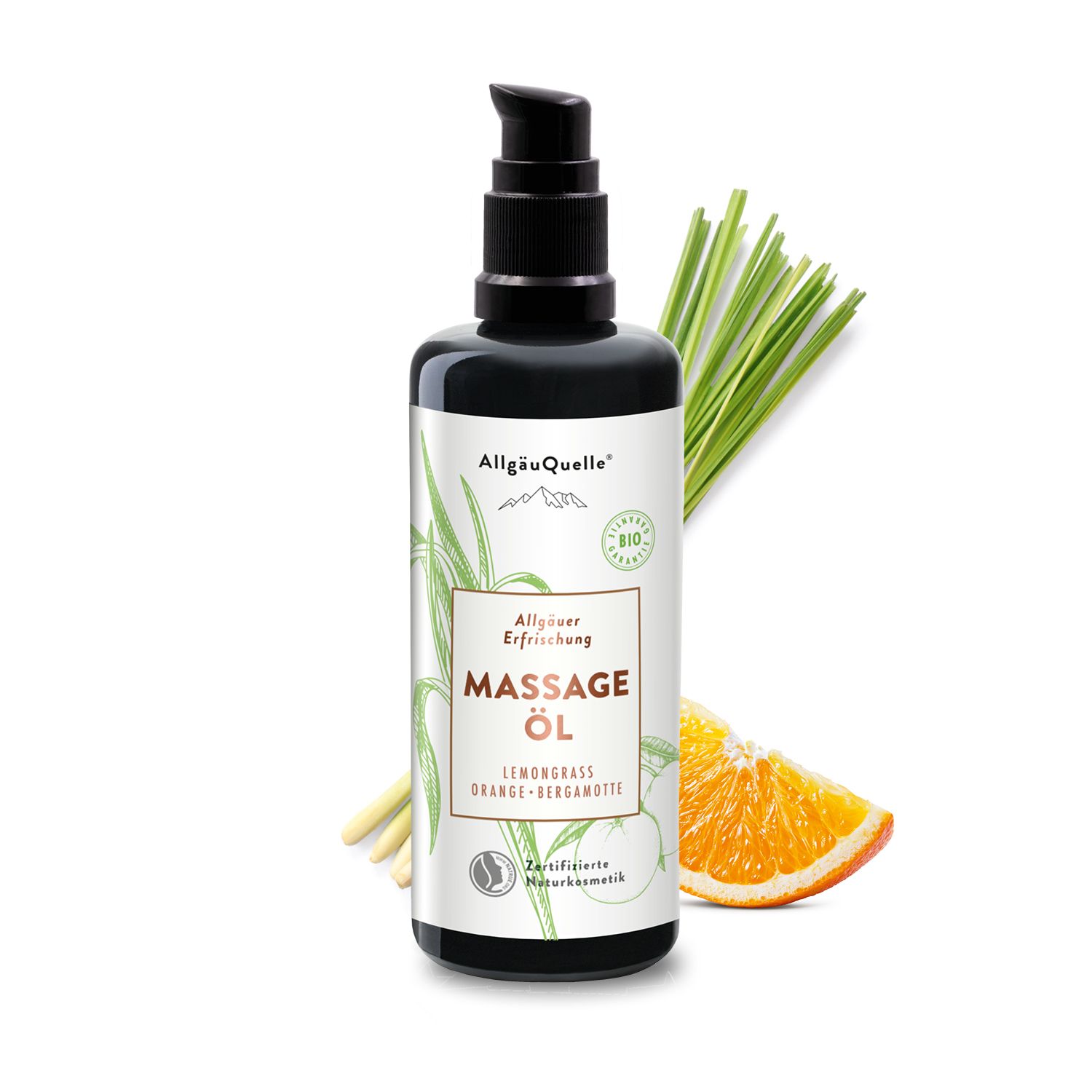 AllgäuQuelle BIO Massageöl 100% naturreine ätherische Ölen aus Lemongrass, Orange, Bergamotte, vegan