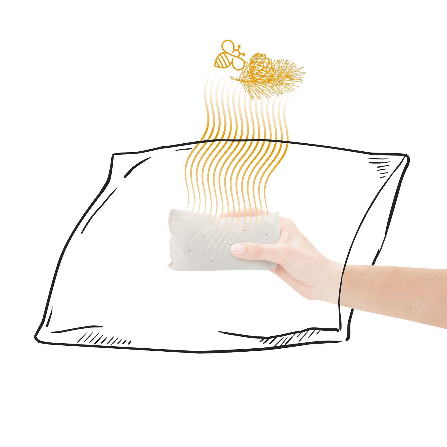 Stoffkissen in skizzierter Form. Hand hält Kissen. Goldene Illustration von Biene und Zweig.