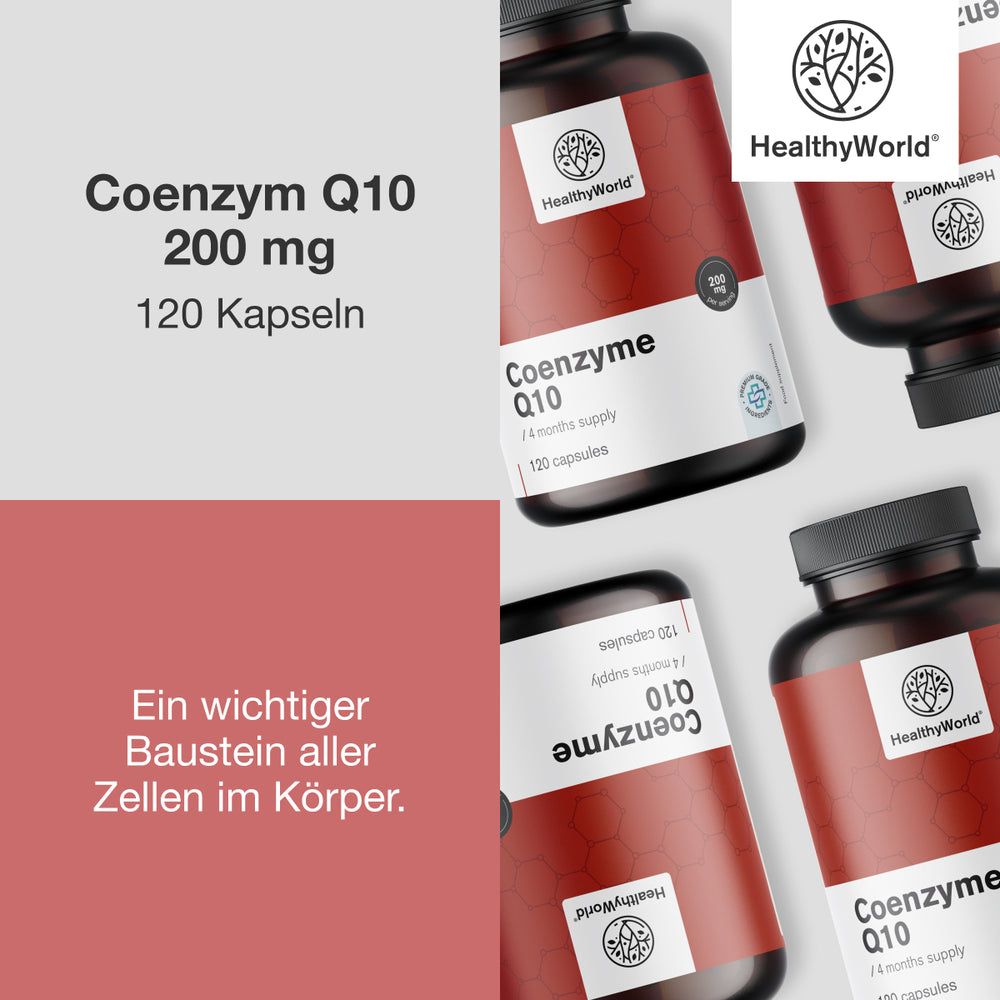 Mehrere Flaschen HealthyWorld Coenzym Q10. Aufschrift: 200 mg, 120 Kapseln. Text: Ein wichtiger Baustein aller Zellen im Körper.