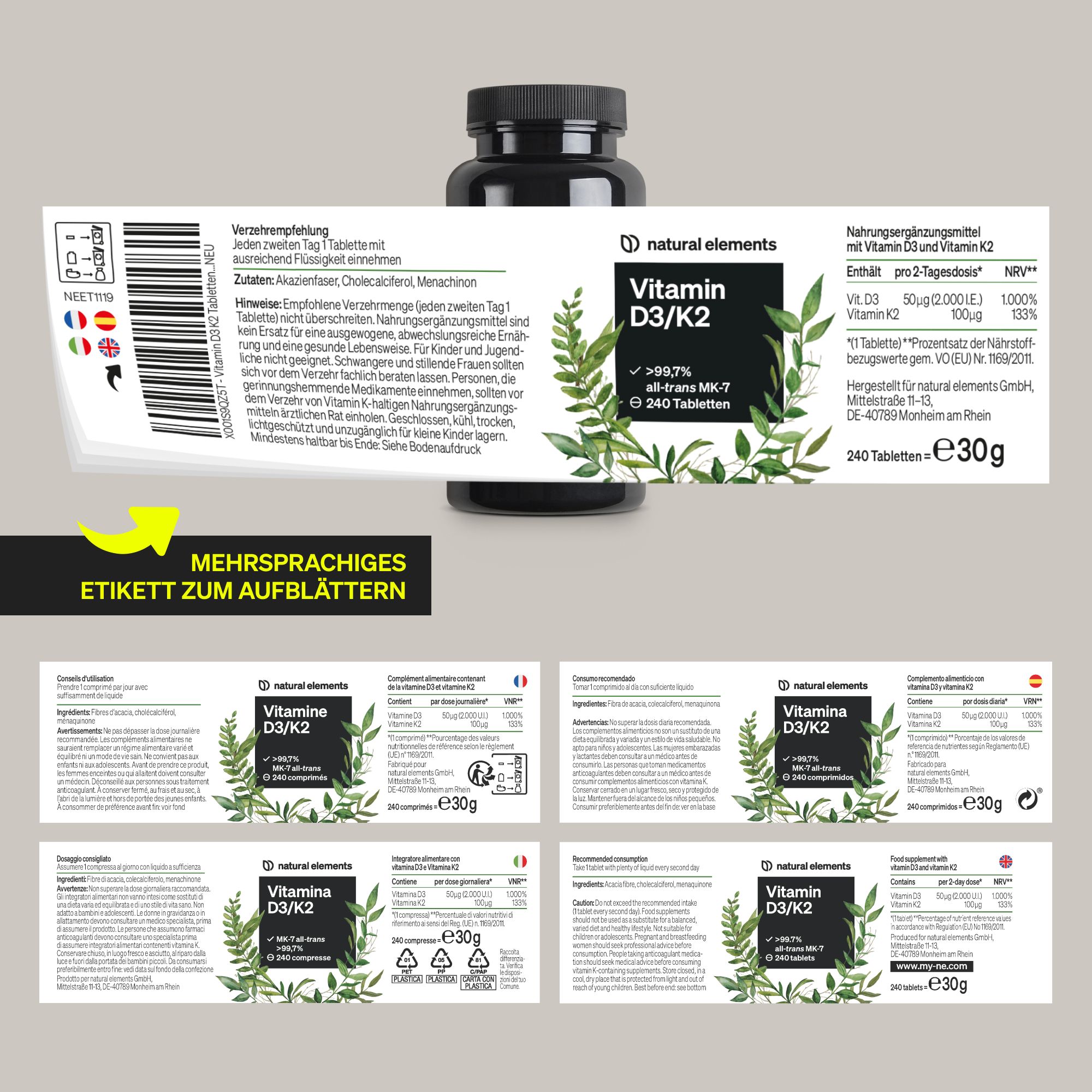 natural elements Vitamin D3 + K2 – > 99,7% all-trans MK-7 & 2000 IE Vitamin D3 – 240 Tabletten