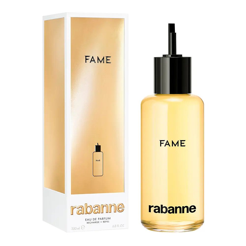 Goldfarbener Flakon mit schwarzem Verschluss und Karton. Aufschrift "FAME" und "rabanne".