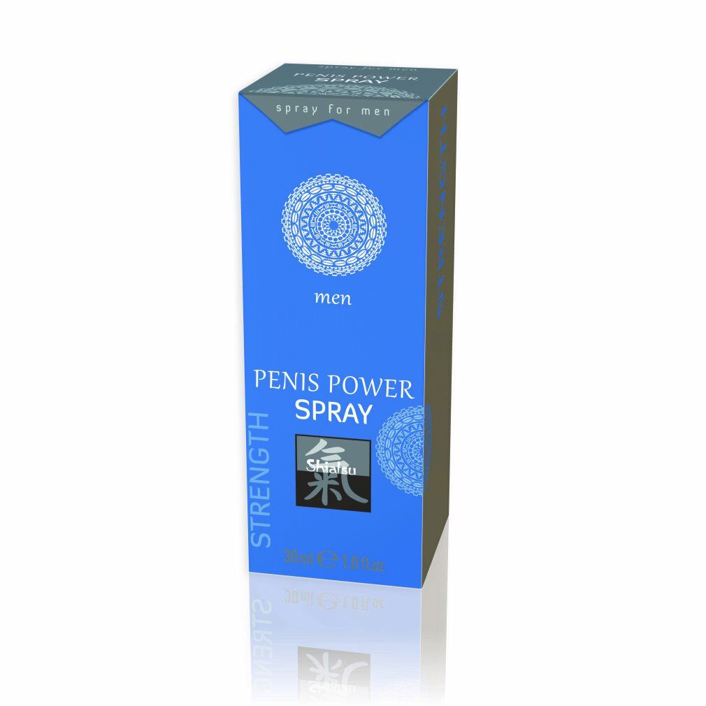 Blaue Schachtel mit Produktnamen und Logo. Text: Penis Power Spray, Shiatsu, men. 30 ml.