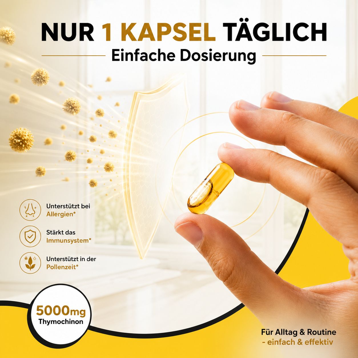 Hand hält eine Kapsel vor einem Hintergrund mit Pollen und Schutzschild-Symbolen.