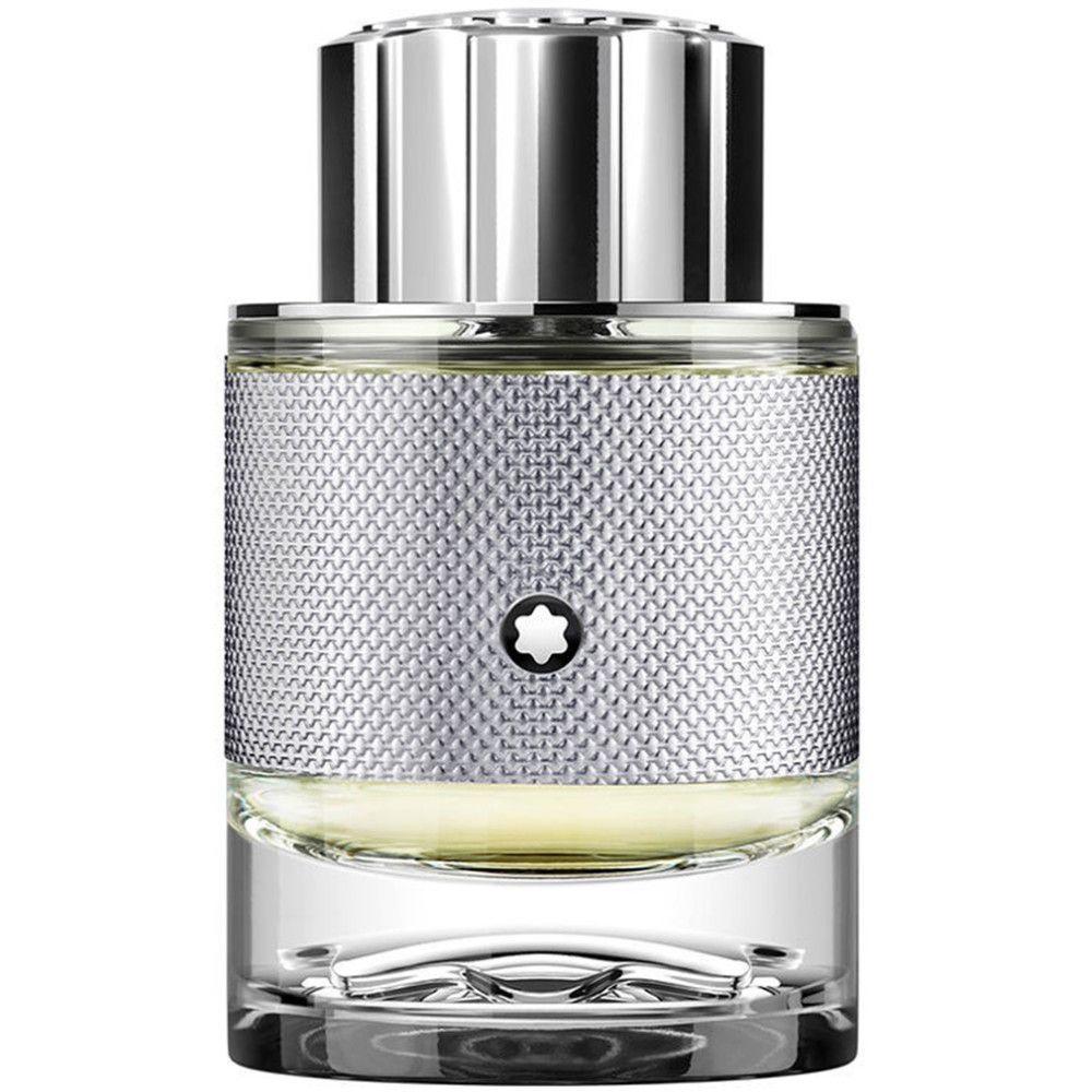 Montblanc Explorer Platinum EdP Nat. Spray Flakon. Silberfarbener Flakon mit Logo, Glasboden, silberner Verschluss.
