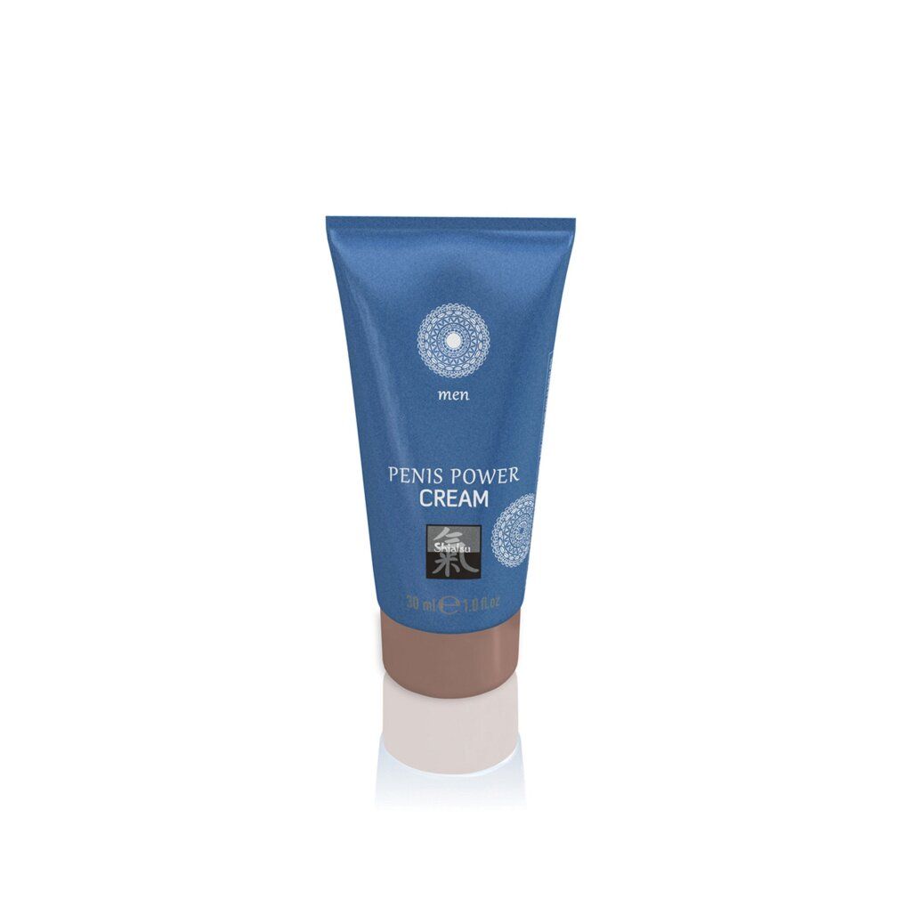 Blaue Tube mit braunem Verschluss. Text: PENIS POWER CREAM, Shiatsu, 30 ml. Aufschrift: men.
