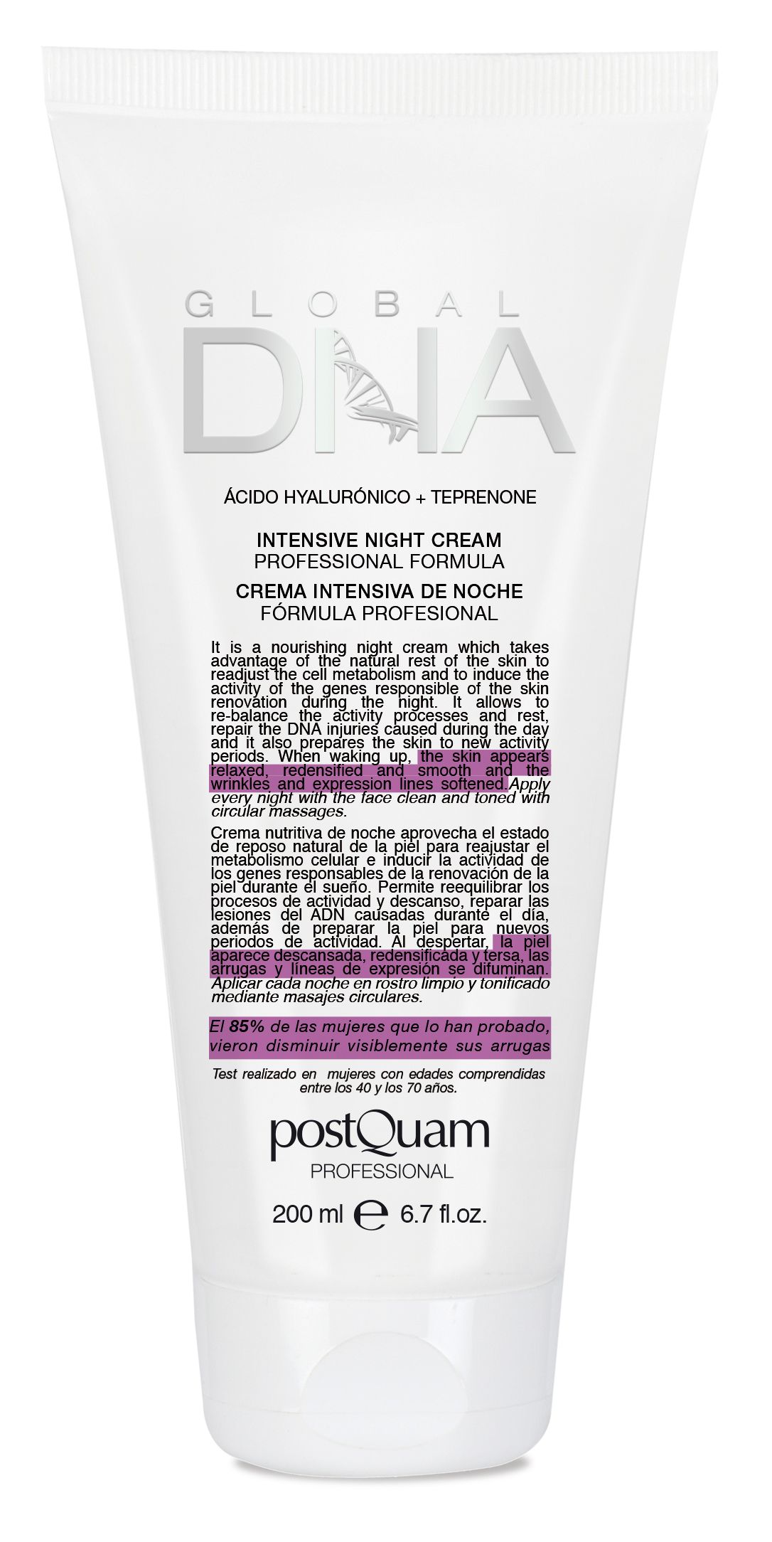Weiße Tube mit Text. Aufschrift: Global DNA, Intensive Night Cream. Marke: Postquam. 200 ml.