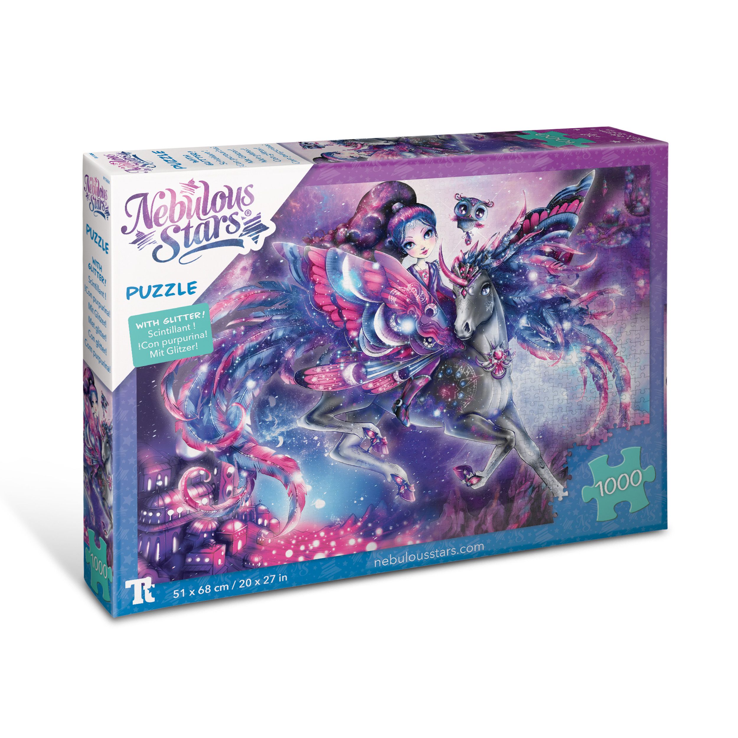 Puzzle-Box mit Glitzer. Motiv: Eclipsia & Pferd. Nebulous Stars-Logo. 1000 Teile. Maße: 51 x 68 cm.