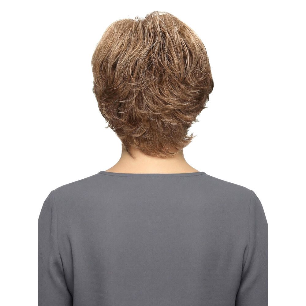 Kurzhaarperücke mit gewelltem Haar in Braun- und Blondtönen. Rückansicht.