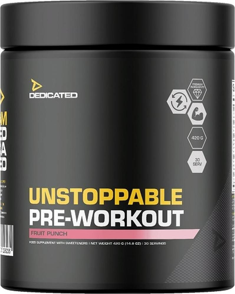 Schwarze Dose mit gelbem und weißem Text. Aufschrift: DEDICATED UNSTOPPABLE PRE-WORKOUT. Fruchtgeschmack. 420g, 30 Portionen.