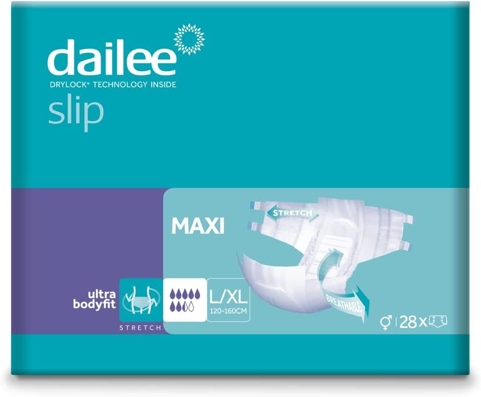 Verpackung Dailee Slip Maxi. Türkis-weiß. Produktabbildung. L/XL, 28 Stück. Ultra Bodyfit, Stretch.