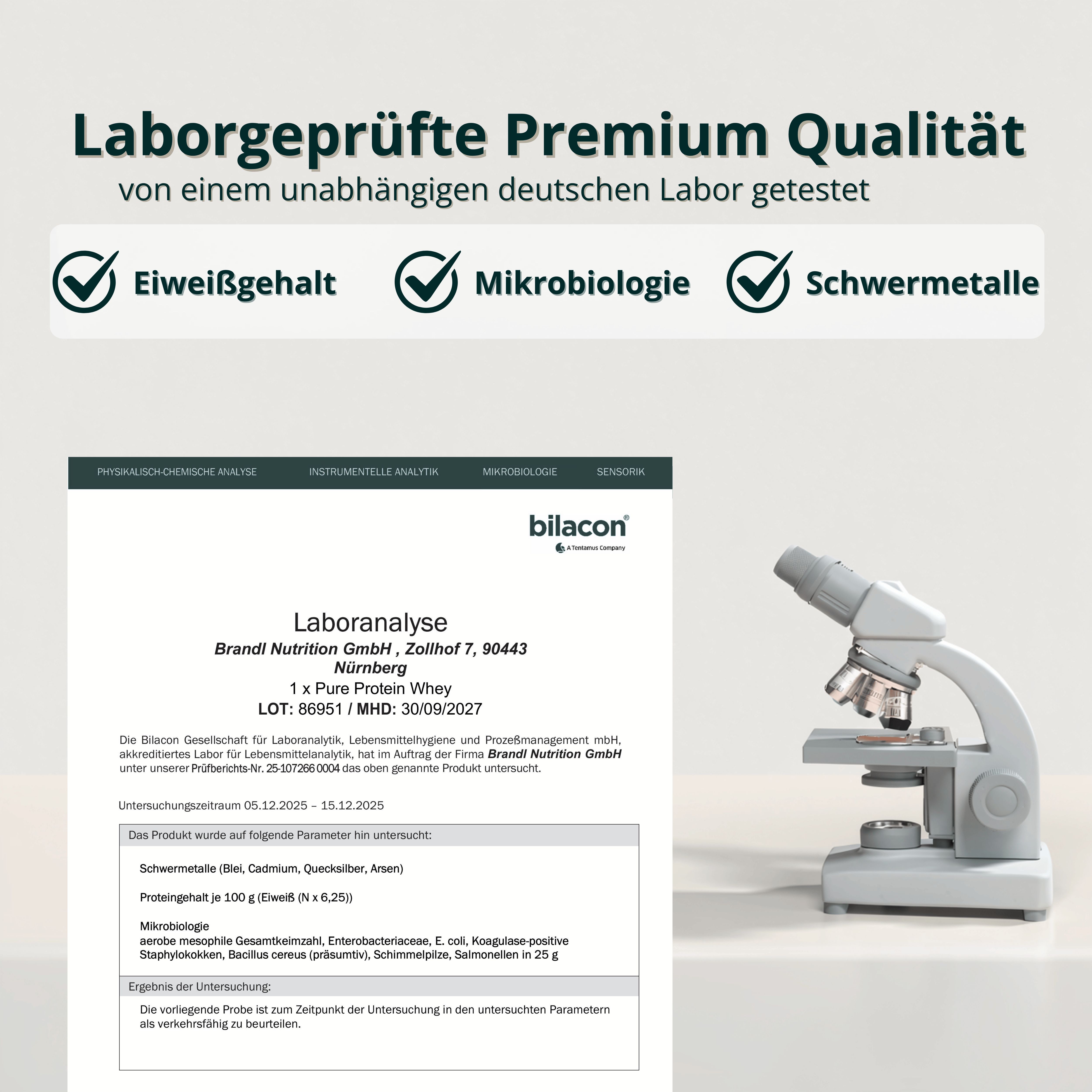 Laboranalyse von brandl® Pure Protein Whey: Geprüft auf Reinheit, Mikrobiologie und Schwermetalle.