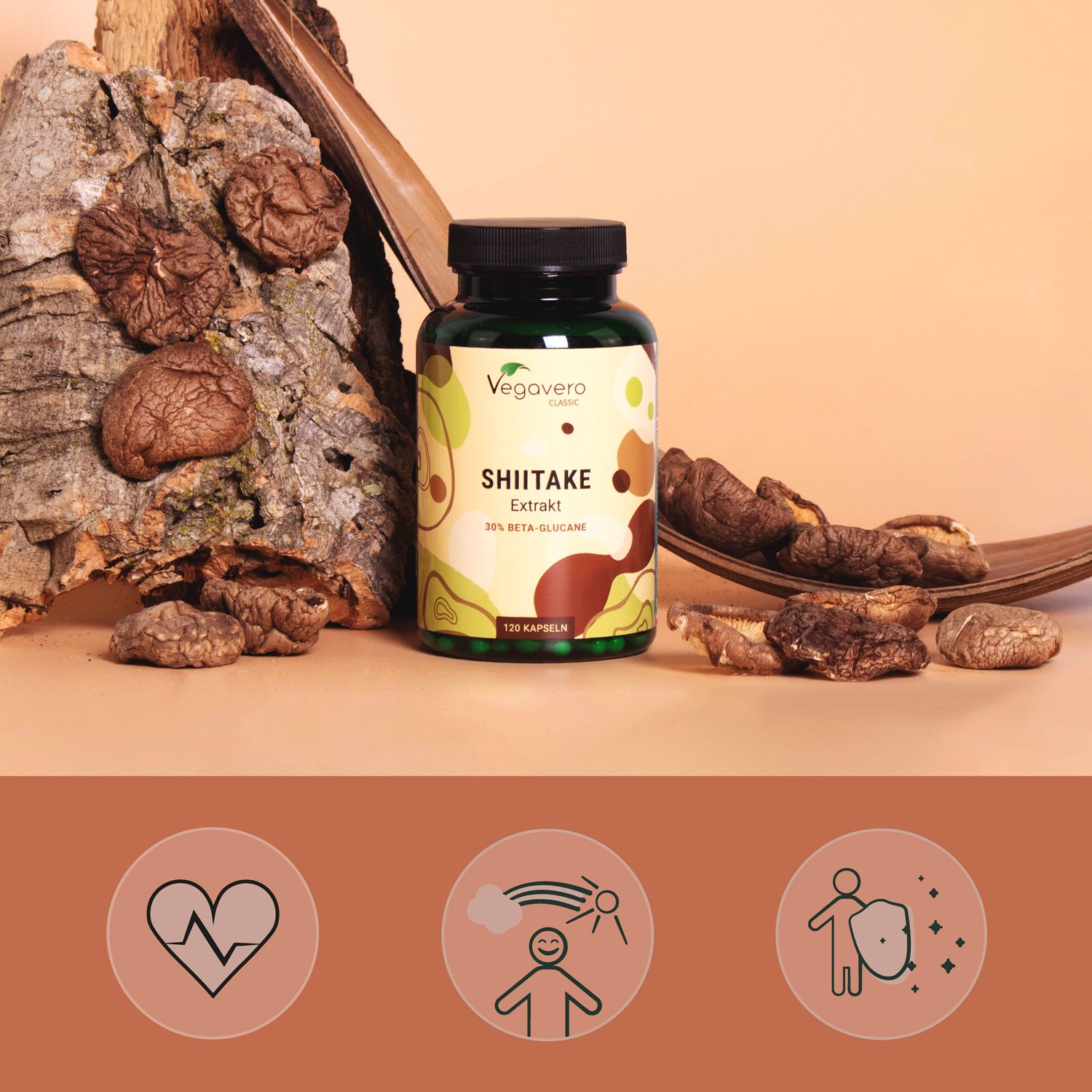 Shiitake-Extrakt-Flasche neben Shiitake-Pilzen auf Holz. Hintergrund in Braun- und Beigetönen. Drei Icons unten.