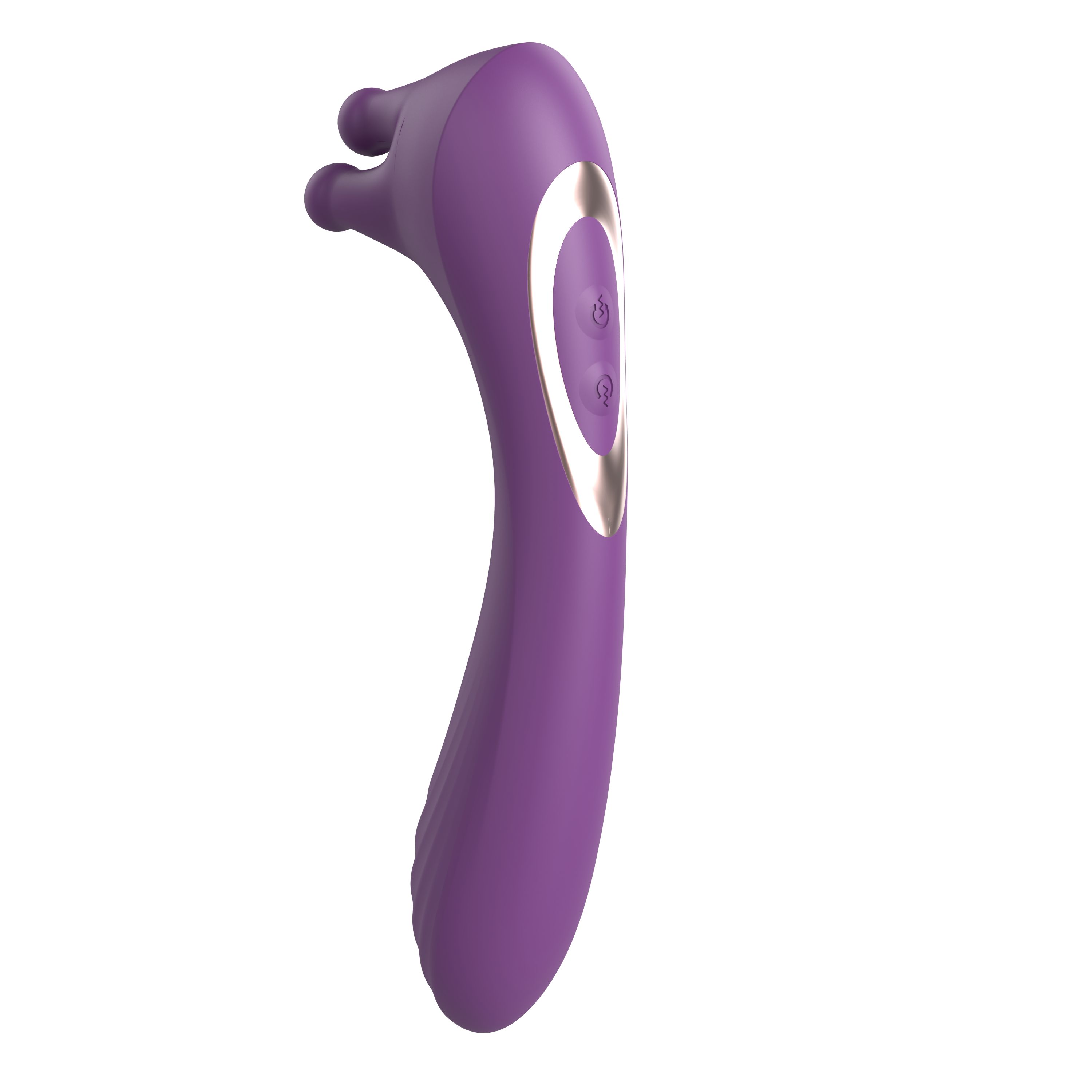 Lila Vibrator mit zwei Knöpfen und drei Kugeln am Kopf. Goldfarbener Ring um die Knöpfe.