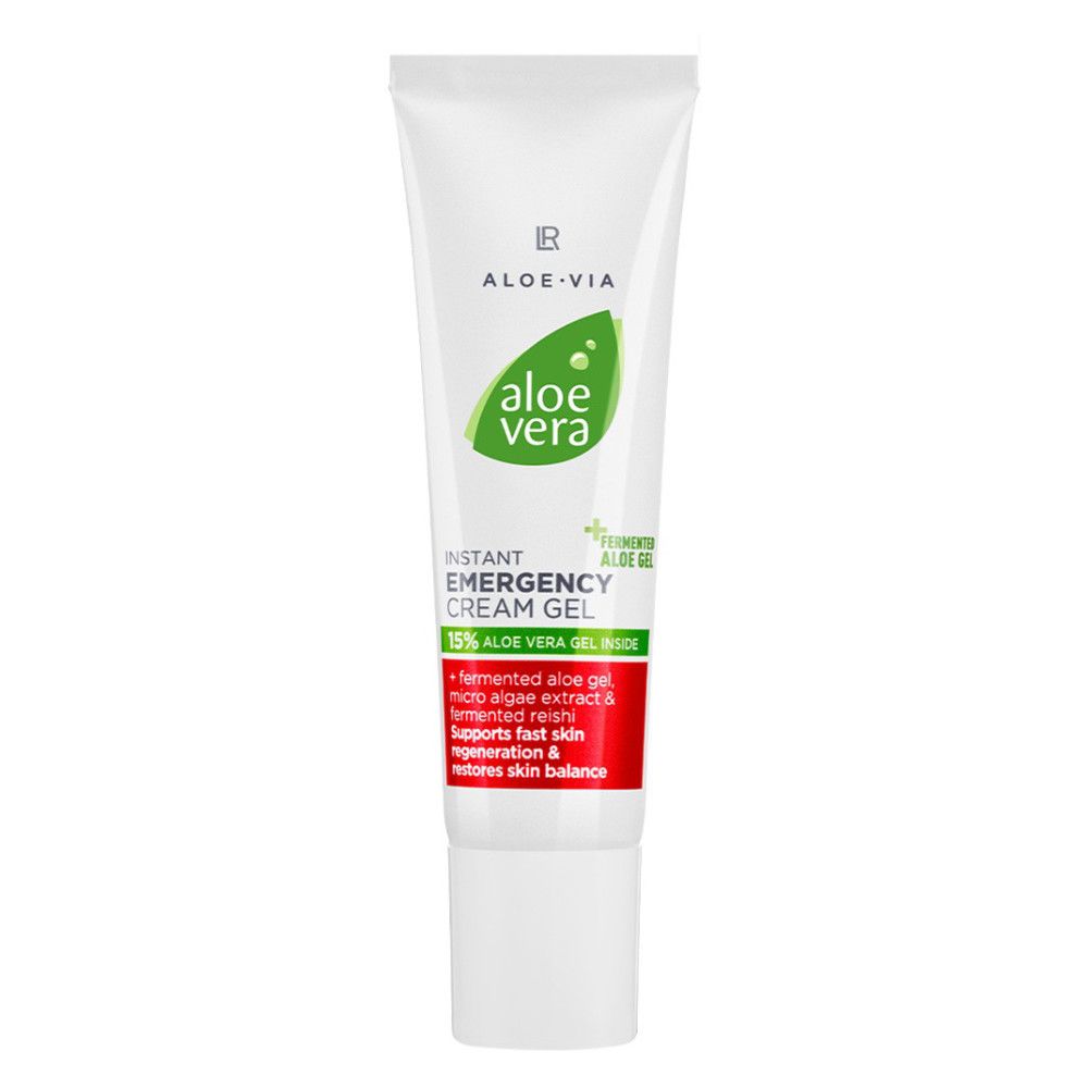 Weiße Tube mit grüner Aloe Vera-Grafik und rotem Streifen. Text: Instant Emergency Cream Gel, 15% Aloe Vera Gel Inside.