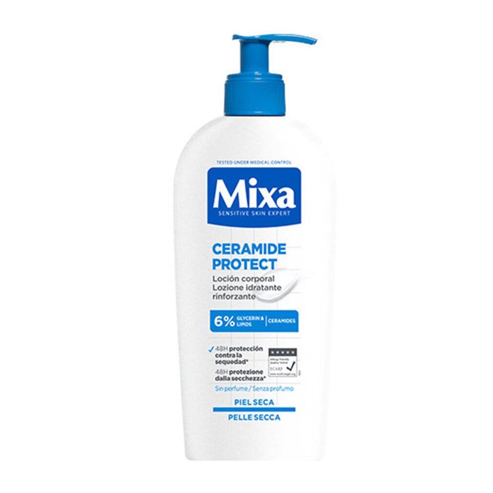 Weiße Flasche mit blauem Pumpkopf. Aufschrift Mixa Ceramide Protect. Enthält 6% Lipide. Für trockene Haut.