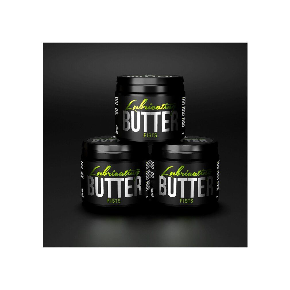 Drei schwarze Behälter. Aufschrift: Lubricating BUTTER FISTS. Grün und silberfarbene Schrift.