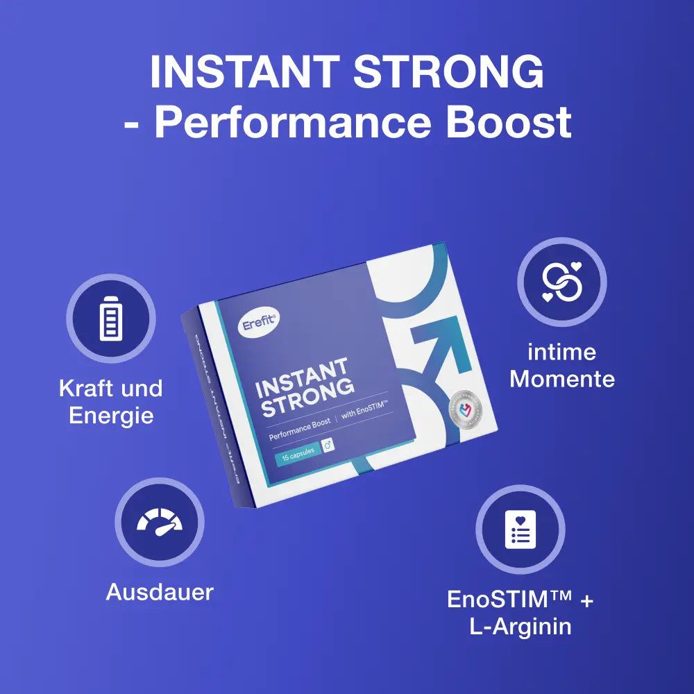 Produktverpackung mit Aufschrift INSTANT STRONG - Performance Boost. Symbole für Kraft, Ausdauer, intime Momente und EnoSTIM + L-Arginin.