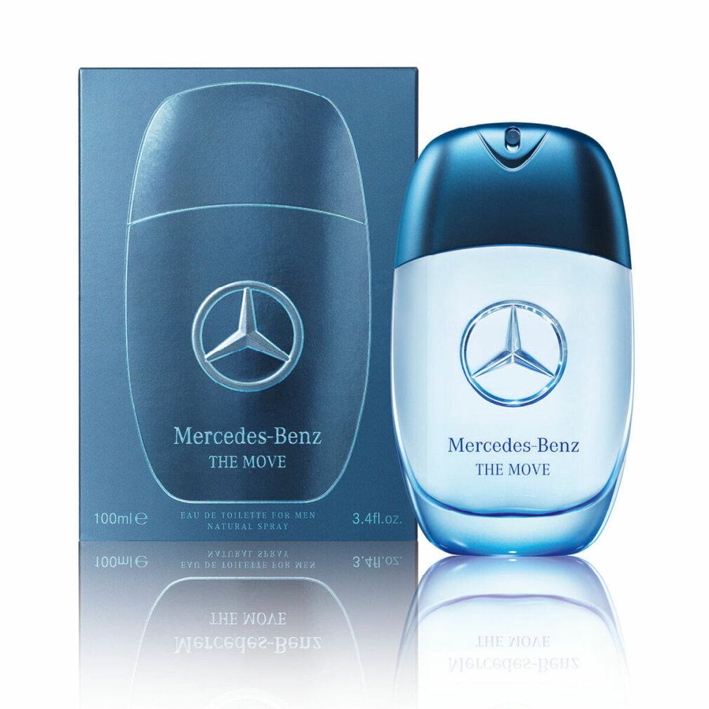 Mercedes-Benz The Move Eau de Toilette Spray. Flakon und Verpackung. Blau und transparent. Logo und Schriftzug.